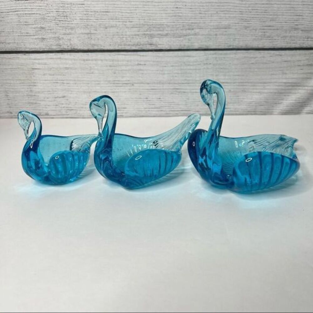 SET of 3 Vintage Blue Glass Swan Ring Dish Trinket